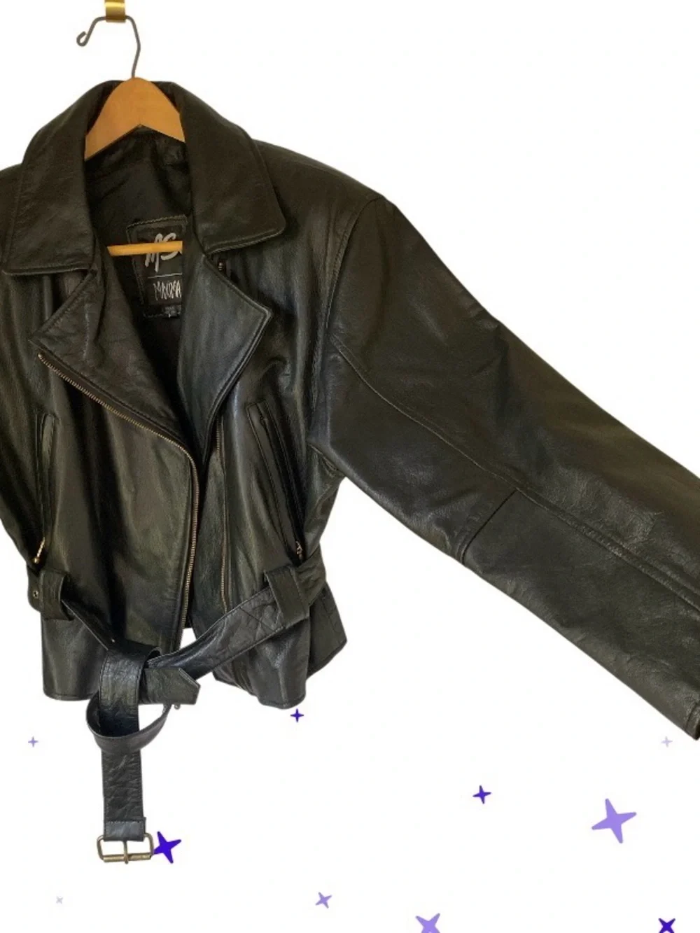 Maxima Black Leather Belted Moto Jacket size M pristine like new condition